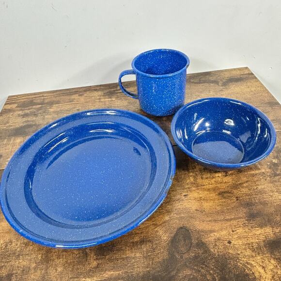 Enamel Ware Blue Speckled Metal Coffee Mug Cup Bowl Plate Cabin Camp Farmhouse - Picture 2 of 13